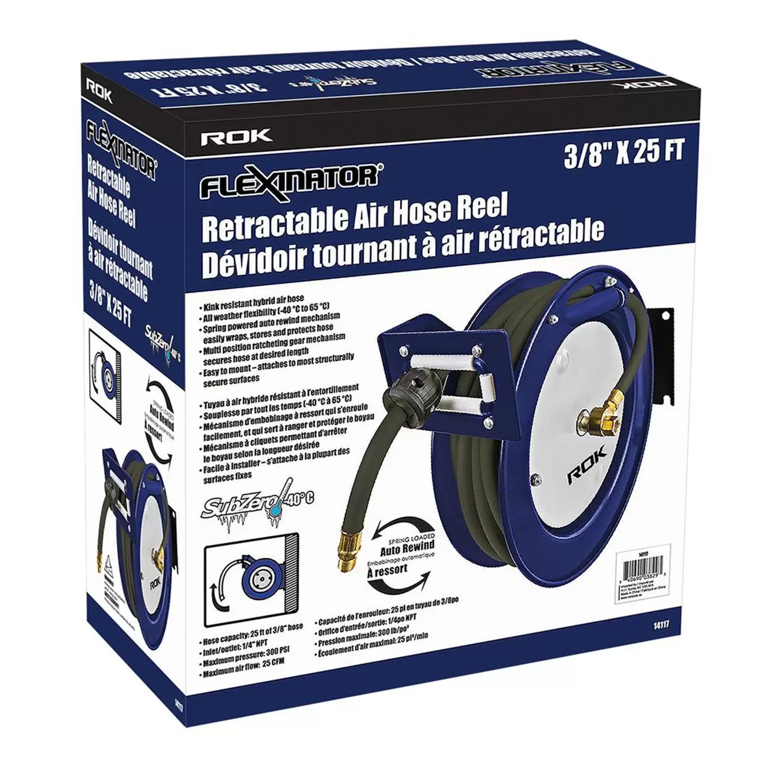 ROK 14117 3/8" X 25' Retractable Hybrid Air Hose Reel